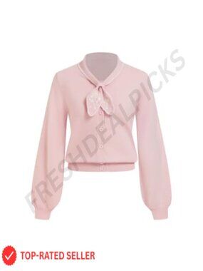 Cropped Knit Cardigan Knot Neck Embroidered Bow Lightweight Sweater